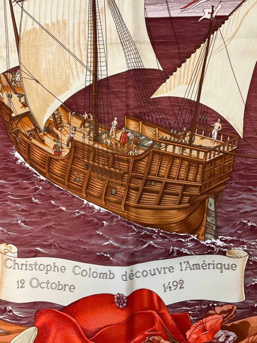 HERMES BURGUNDY MULTI CHRISTOPHE COLOMB DECOUVRE L’AMERIQUE SQUARE SILK TWILL SC - Picture 5 of 10